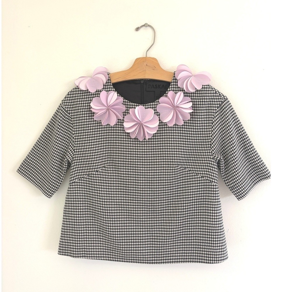 3D Laser Cut Sculptural Floral Top Avant Garde Houndstooth Cropped Small